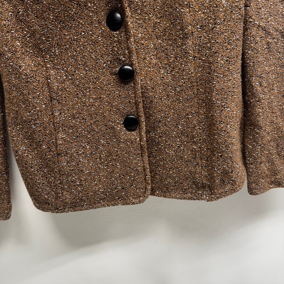 ST. JOHN Knit Blazer Women Size 14 Brown Speckled Wool Blend 3 Button Collar - Picture 2 of 10